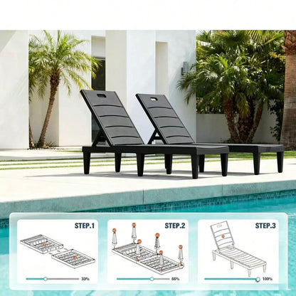 Outdoor Chaise Lounge Chair Set Of 2 With 5-Position Adjustable Back, Waterproof & Lightweight PP Lounge Chairs For Outside Pool Patio (Black)
