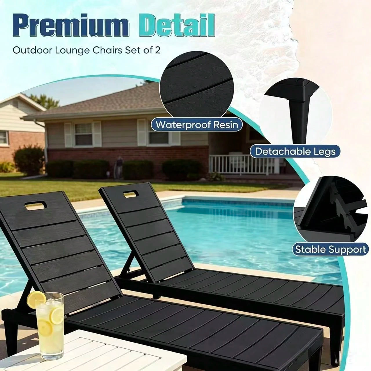 Outdoor Chaise Lounge Chair Set Of 2 With 5-Position Adjustable Back, Waterproof & Lightweight PP Lounge Chairs For Outside Pool Patio (Black)