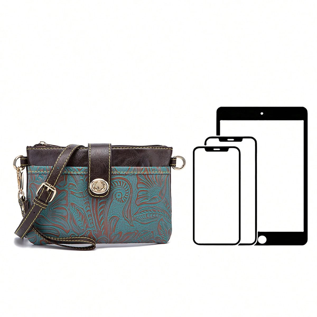 Outdoor Embossed Storage Pouch With Crossbody Strap & Wrist Lanyard, Multi-Layer Bag For Phone Keys Cards, Lightweight Sling For Camping Commute