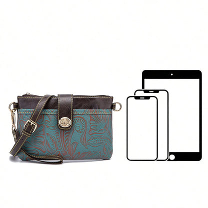 Outdoor Embossed Storage Pouch With Crossbody Strap & Wrist Lanyard, Multi-Layer Bag For Phone Keys Cards, Lightweight Sling For Camping Commute