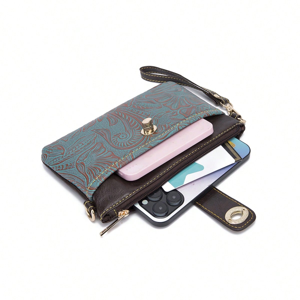 Outdoor Embossed Storage Pouch With Crossbody Strap & Wrist Lanyard, Multi-Layer Bag For Phone Keys Cards, Lightweight Sling For Camping Commute