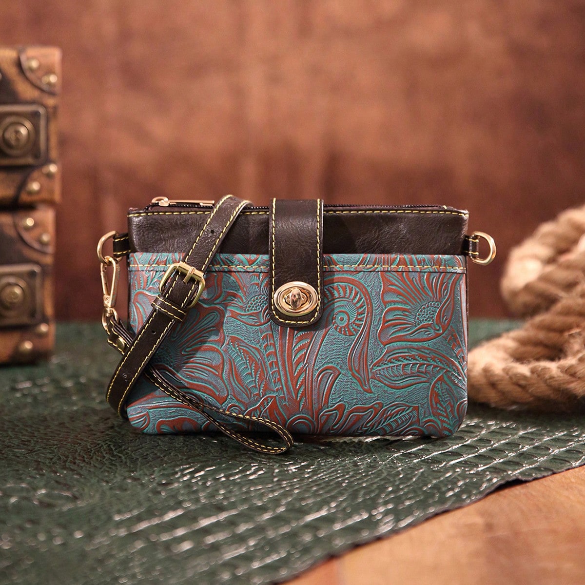 Outdoor Embossed Storage Pouch With Crossbody Strap & Wrist Lanyard, Multi-Layer Bag For Phone Keys Cards, Lightweight Sling For Camping Commute