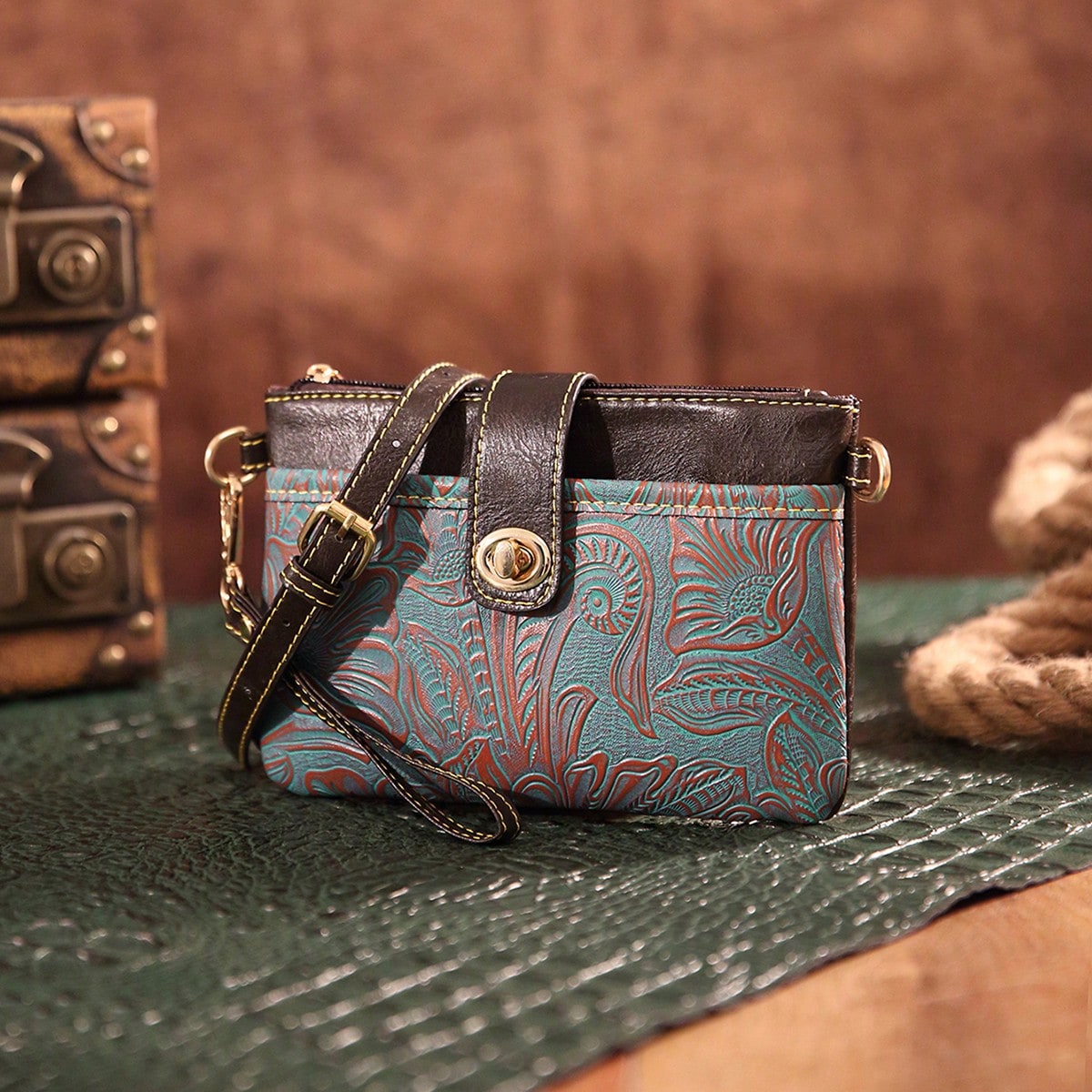 Outdoor Embossed Storage Pouch With Crossbody Strap & Wrist Lanyard, Multi-Layer Bag For Phone Keys Cards, Lightweight Sling For Camping Commute