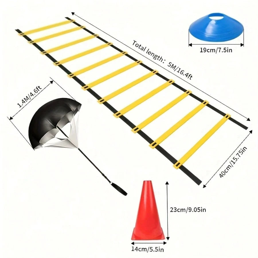 Outdoor Sports Agility Ladder Set| Perfect Football/Rugby Training Equipment Set- Includes Agility Ladder, Resistance Parachute, Multiple Markers/Training Cones And Storage Bag| Suitable For Speed
