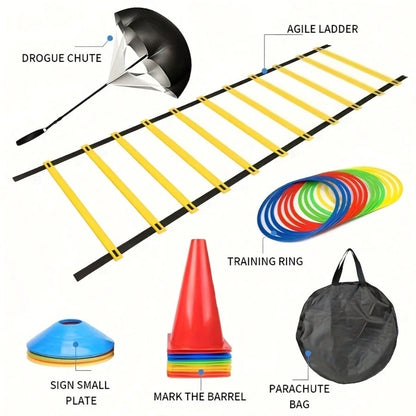 Outdoor Sports Agility Ladder Set| Perfect Football/Rugby Training Equipment Set- Includes Agility Ladder, Resistance Parachute, Multiple Markers/Training Cones And Storage Bag| Suitable For Speed
