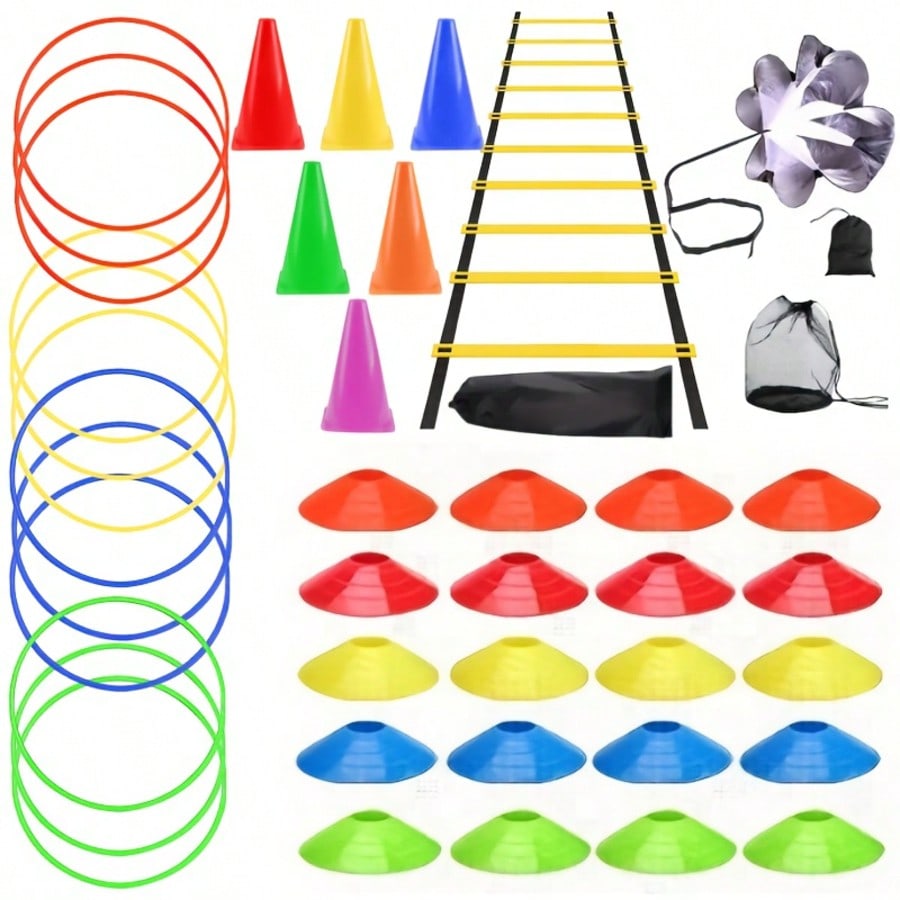 Outdoor Sports Agility Ladder Set| Perfect Football/Rugby Training Equipment Set- Includes Agility Ladder, Resistance Parachute, Multiple Markers/Training Cones And Storage Bag| Suitable For Speed