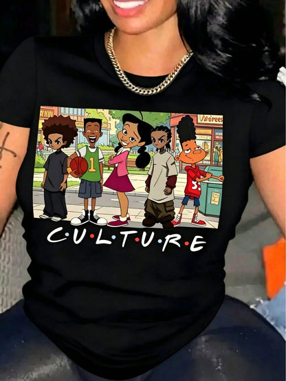 Oversize Women's Casual Cartoon Culture Graphic T-Shirt- Short Sleeve Crew Neck, Polyester, Machine Washable, Spring/Summer Top, Ladies T Shirts