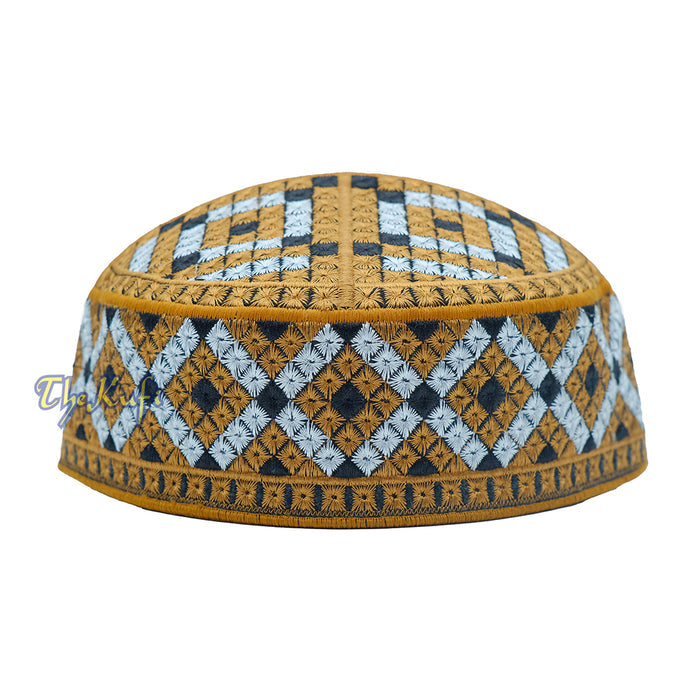 Pakistani-Style Kufi Hat | Rust Brown, Silver, Black Diamond Motif Embroidered Rigid Cap
