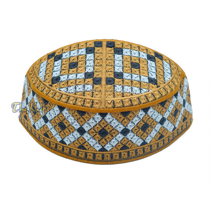 Pakistani-Style Kufi Hat | Rust Brown, Silver, Black Diamond Motif Embroidered Rigid Cap