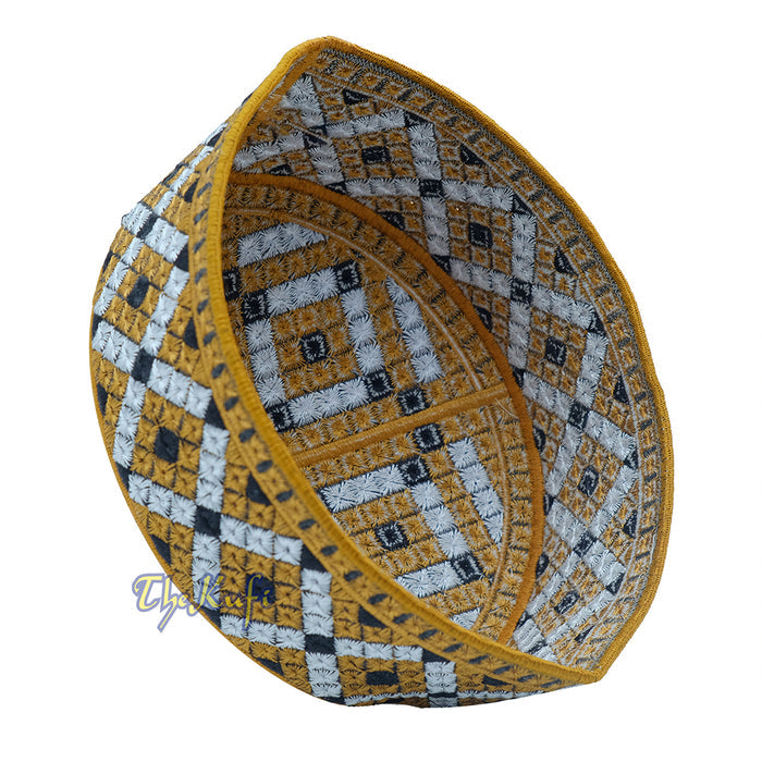 Pakistani-Style Kufi Hat | Rust Brown, Silver, Black Diamond Motif Embroidered Rigid Cap