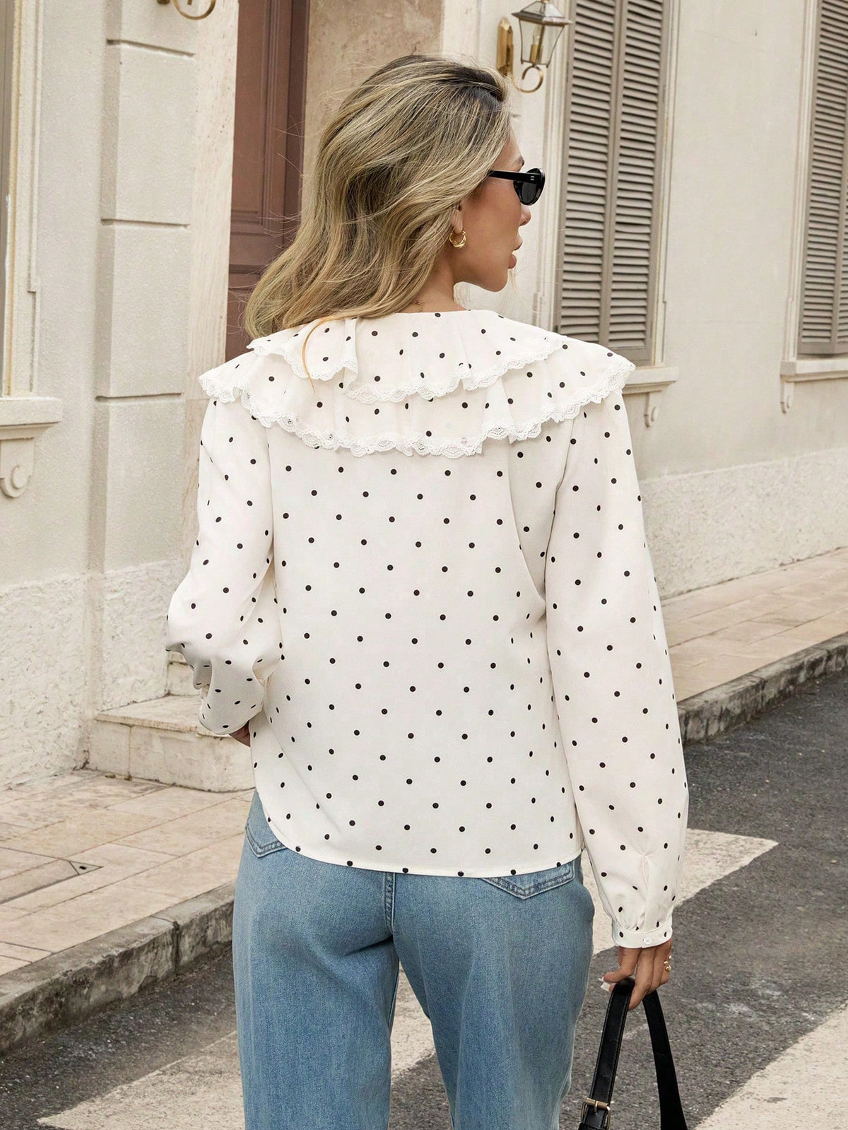 Pariaura Elegant White And Black Polka Dot Blouse,Long Sleeve Ruffled Trim & Tie Accent Shirt Collar,Contrast Panel Casual Workwear For Autumn,Date,2025 New
