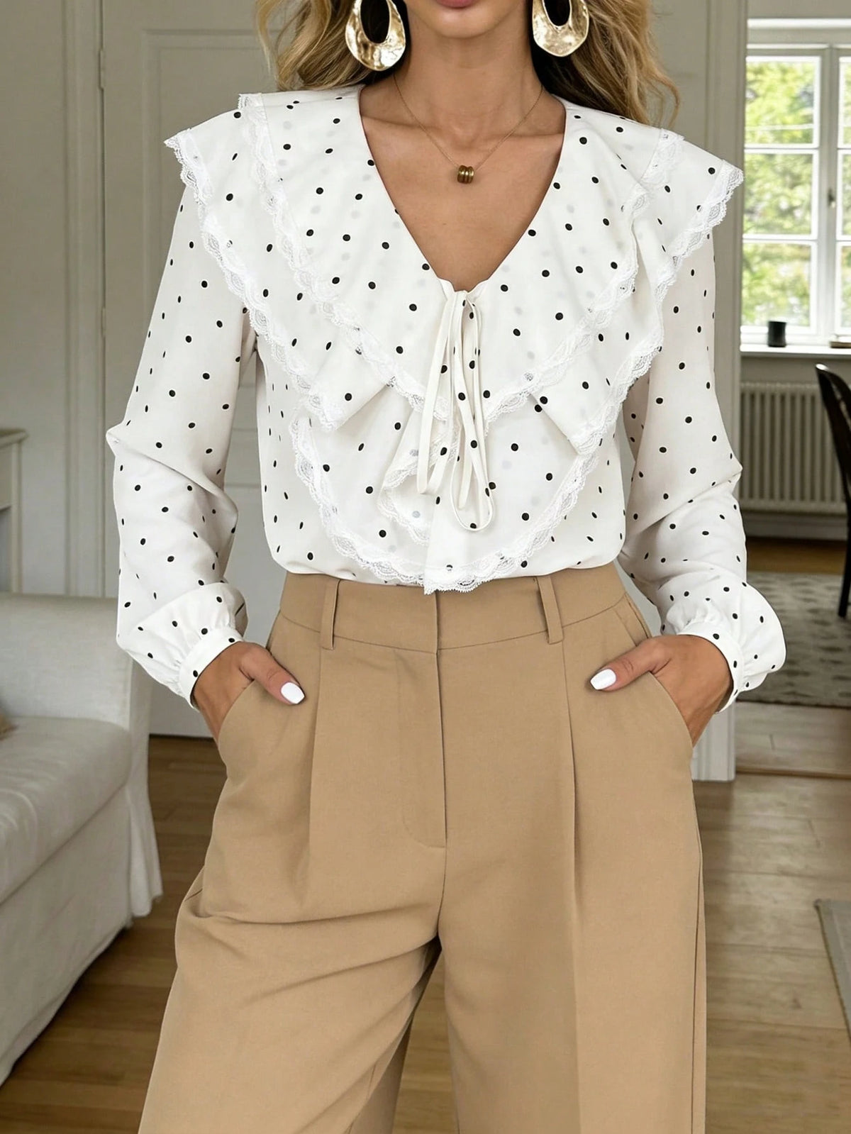 Pariaura Elegant White And Black Polka Dot Blouse,Long Sleeve Ruffled Trim & Tie Accent Shirt Collar,Contrast Panel Casual Workwear For Autumn,Date,2025 New