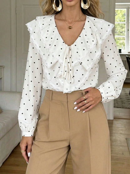 Pariaura Elegant White And Black Polka Dot Blouse,Long Sleeve Ruffled Trim & Tie Accent Shirt Collar,Contrast Panel Casual Workwear For Autumn,Date,2025 New