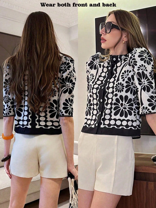 Pariaura Floral Print Lace-Hem Round Neck Casual Shirt