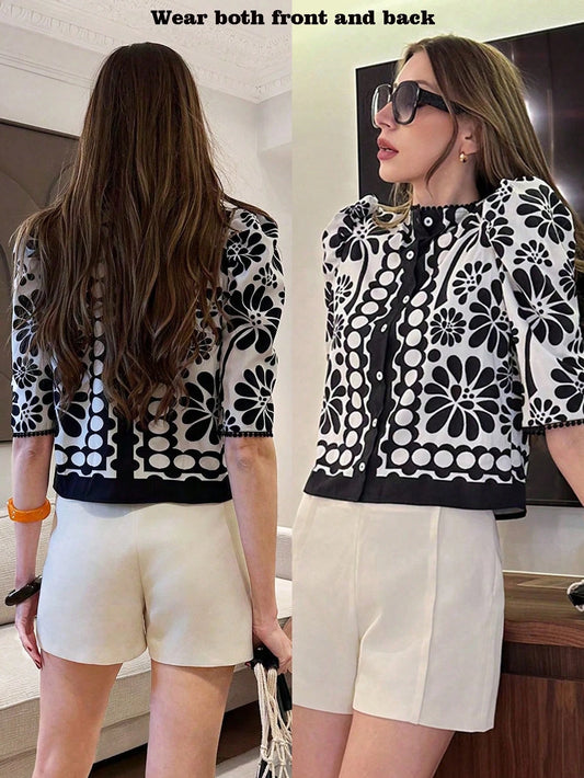 Pariaura Floral Print Lace-Hem Round Neck Casual Shirt