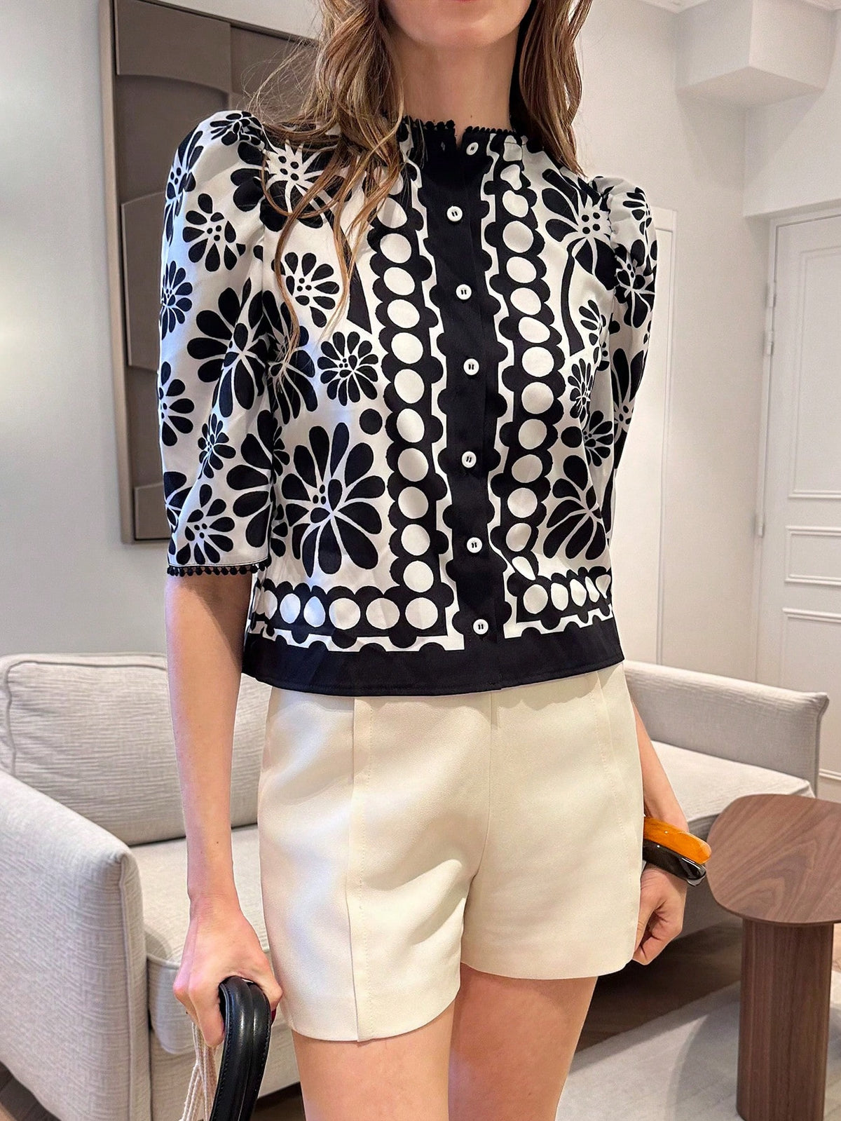 Pariaura Floral Print Lace-Hem Round Neck Casual Shirt