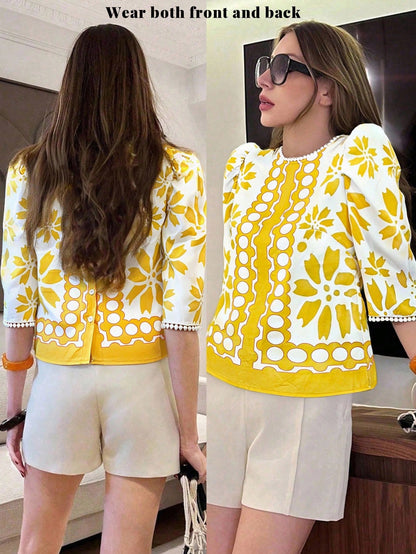 Pariaura Floral Print Lace-Hem Round Neck Casual Shirt