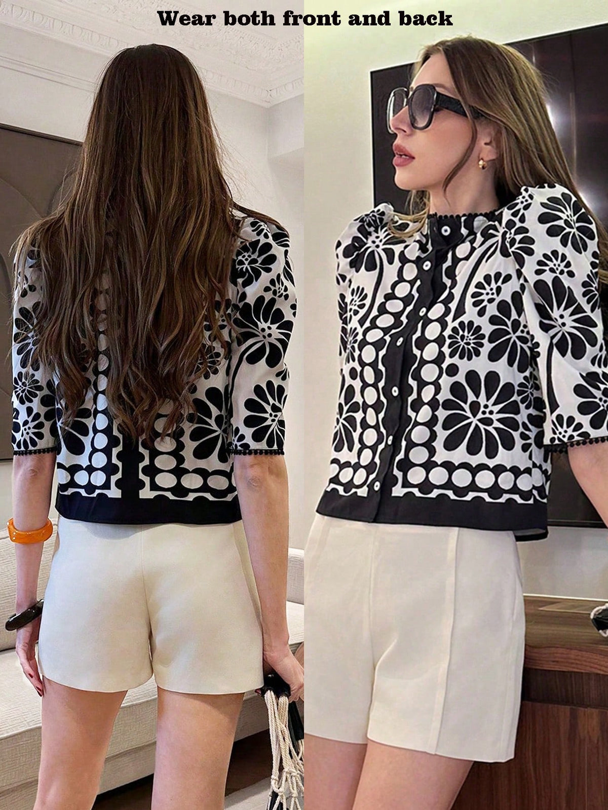 Pariaura Floral Print Lace-Hem Round Neck Casual Shirt
