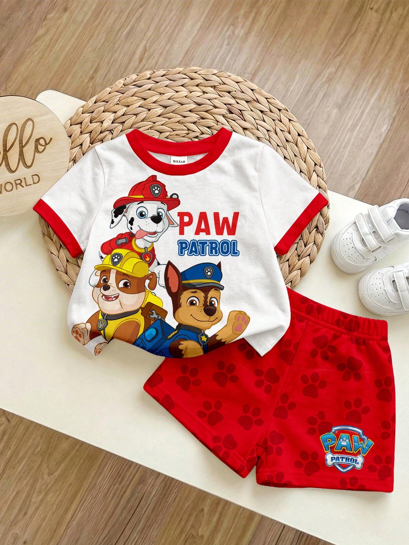 PAW Patrol Baby Boy Casual Minimalist, Soft And Comfortable, Classic Cute Cartoon Animation Pattern Print, Cute Puppy Round Neck Short Sleeve T-Shirt And Shorts 2-Piece Set, Suitable For Sprin