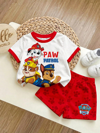 PAW Patrol Baby Boy Casual Minimalist, Soft And Comfortable, Classic Cute Cartoon Animation Pattern Print, Cute Puppy Round Neck Short Sleeve T-Shirt And Shorts 2-Piece Set, Suitable For Sprin