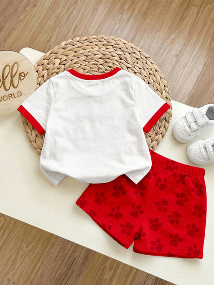 PAW Patrol Baby Boy Casual Minimalist, Soft And Comfortable, Classic Cute Cartoon Animation Pattern Print, Cute Puppy Round Neck Short Sleeve T-Shirt And Shorts 2-Piece Set, Suitable For Sprin