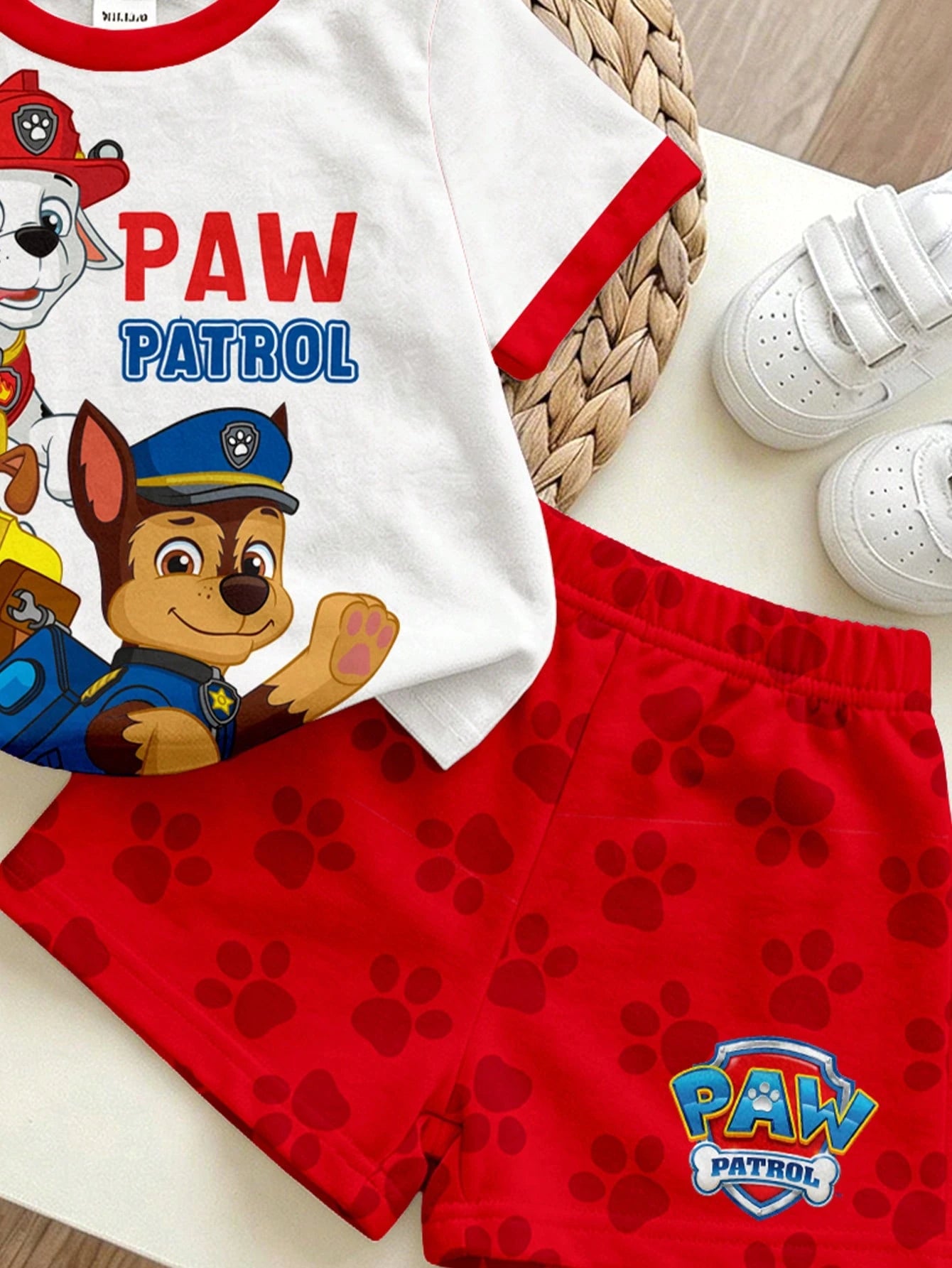 PAW Patrol Baby Boy Casual Minimalist, Soft And Comfortable, Classic Cute Cartoon Animation Pattern Print, Cute Puppy Round Neck Short Sleeve T-Shirt And Shorts 2-Piece Set, Suitable For Sprin