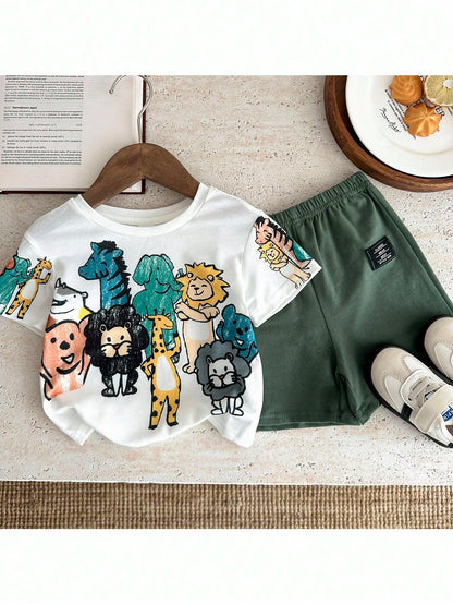 PAW Patrol Baby Boy Casual Minimalist, Soft And Comfortable, Classic Cute Cartoon Animation Pattern Print, Cute Puppy Round Neck Short Sleeve T-Shirt And Shorts 2-Piece Set, Suitable For Sprin