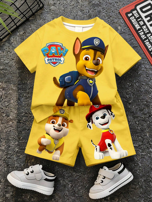 PAW Patrol Baby Boy Casual Minimalist T-Shirt Set Suitable For Summer, Classic Cute Brave Anime Pattern Print, Chase, Rubble, Puppy Patrol Beach Butter Yellow