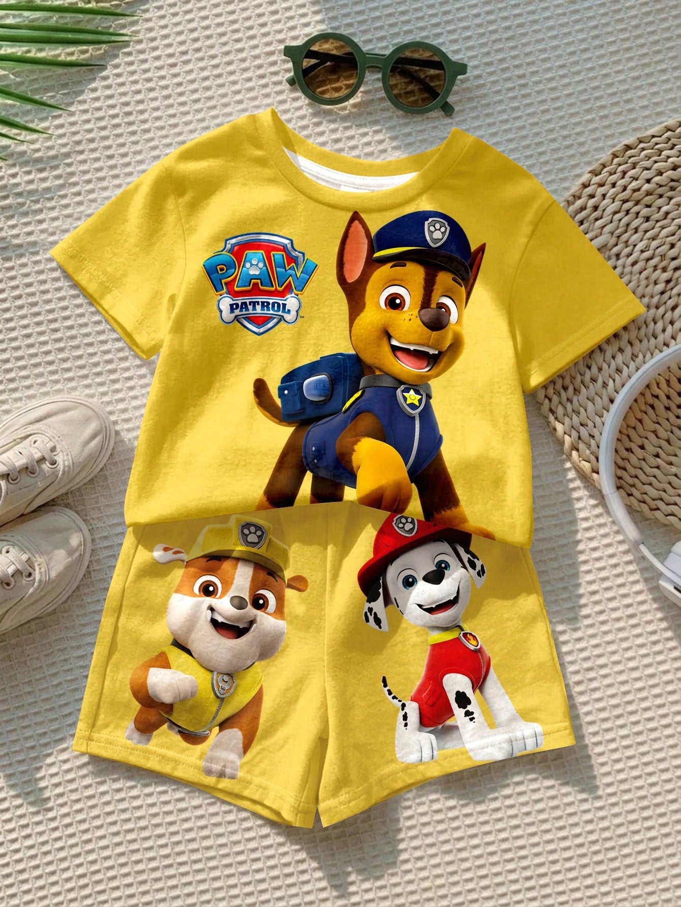 PAW Patrol Baby Boy Casual Minimalist T-Shirt Set Suitable For Summer, Classic Cute Brave Anime Pattern Print, Chase, Rubble, Puppy Patrol Beach Butter Yellow