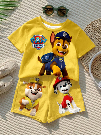 PAW Patrol Baby Boy Casual Minimalist T-Shirt Set Suitable For Summer, Classic Cute Brave Anime Pattern Print, Chase, Rubble, Puppy Patrol Beach Butter Yellow