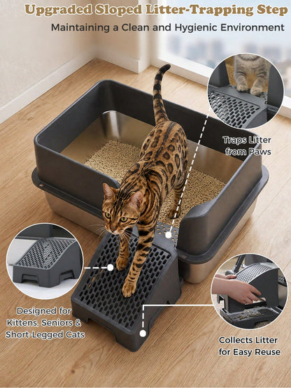 PAWZ Road 69L XL Stainless Steel Cat Litter Box, High Sided For Large Cats| 69L Extra-Large Stainless Steel Litter Box With 7" High Walls, Odor Resistant Surface, Easy Cleaning, Ideal For Large Cats