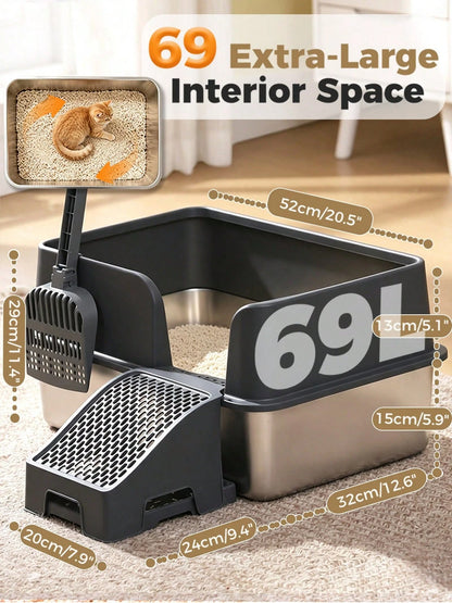 PAWZ Road 69L XL Stainless Steel Cat Litter Box, High Sided For Large Cats| 69L Extra-Large Stainless Steel Litter Box With 7" High Walls, Odor Resistant Surface, Easy Cleaning, Ideal For Large Cats
