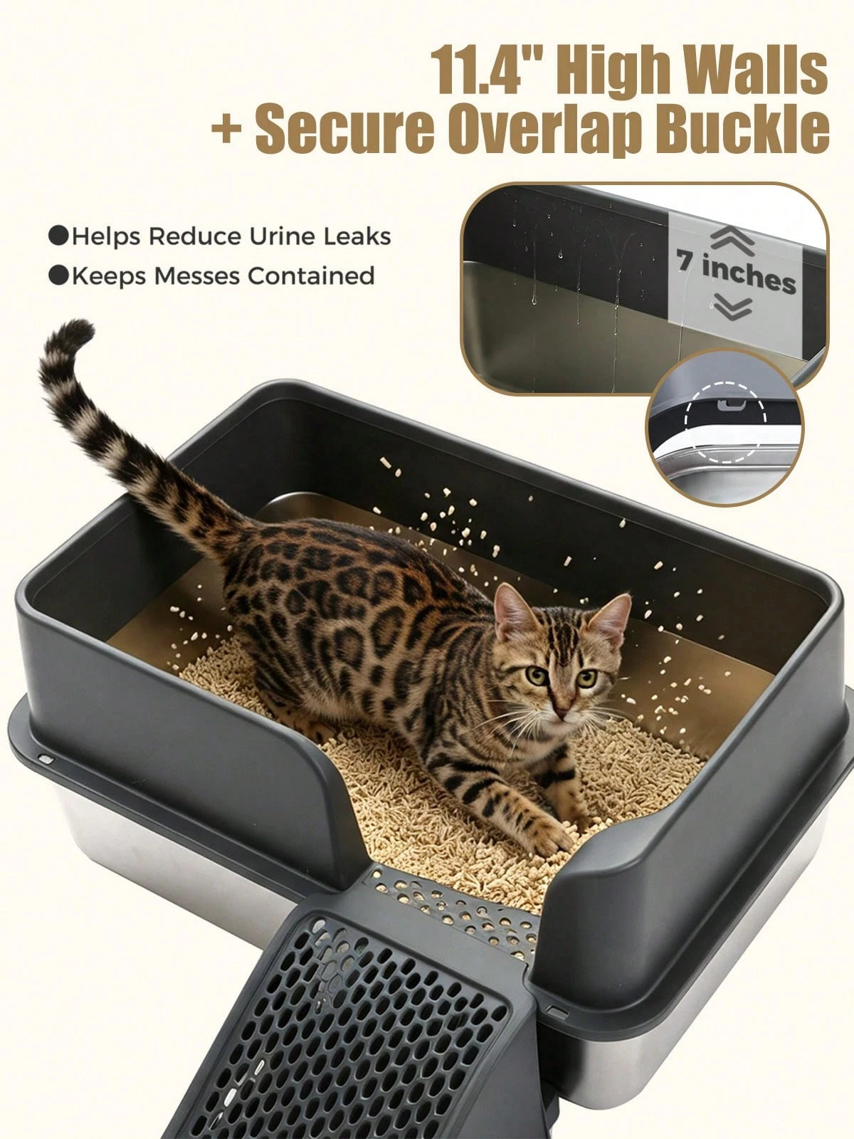 PAWZ Road 69L XL Stainless Steel Cat Litter Box, High Sided For Large Cats| 69L Extra-Large Stainless Steel Litter Box With 7" High Walls, Odor Resistant Surface, Easy Cleaning, Ideal For Large Cats