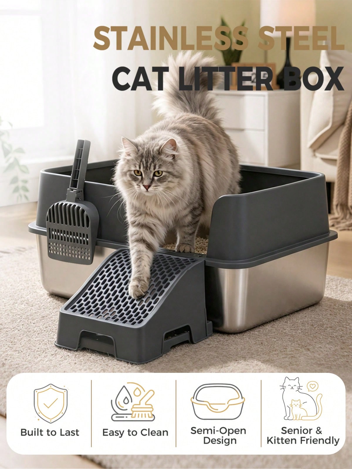 PAWZ Road 69L XL Stainless Steel Cat Litter Box, High Sided For Large Cats| 69L Extra-Large Stainless Steel Litter Box With 7" High Walls, Odor Resistant Surface, Easy Cleaning, Ideal For Large Cats