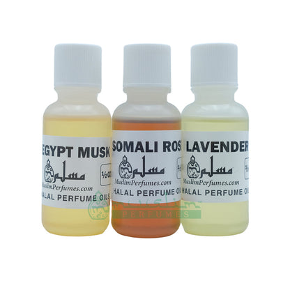 Perfume Set of 3 - Lavender, Somali Rose, Egyptian Musk - 1/2 oz. Bottles