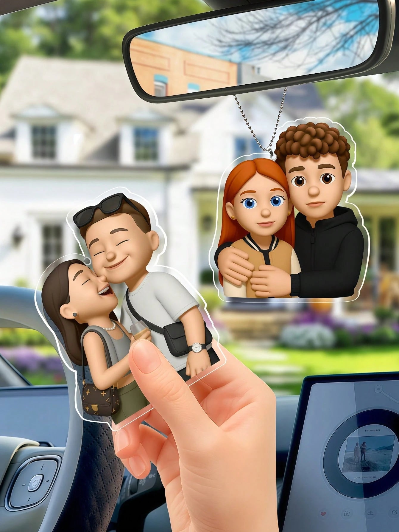 Personalized Cartoon Photo Car Pendant, Customized Transparent Acrylic Car Rearview Mirror Interior Hanging Ornament, Fashionable Cute Minimalist, Christmas Gift, Valentine's Day Gift, DIY Custom Birt