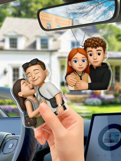 Personalized Cartoon Photo Car Pendant, Customized Transparent Acrylic Car Rearview Mirror Interior Hanging Ornament, Fashionable Cute Minimalist, Christmas Gift, Valentine's Day Gift, DIY Custom Birt