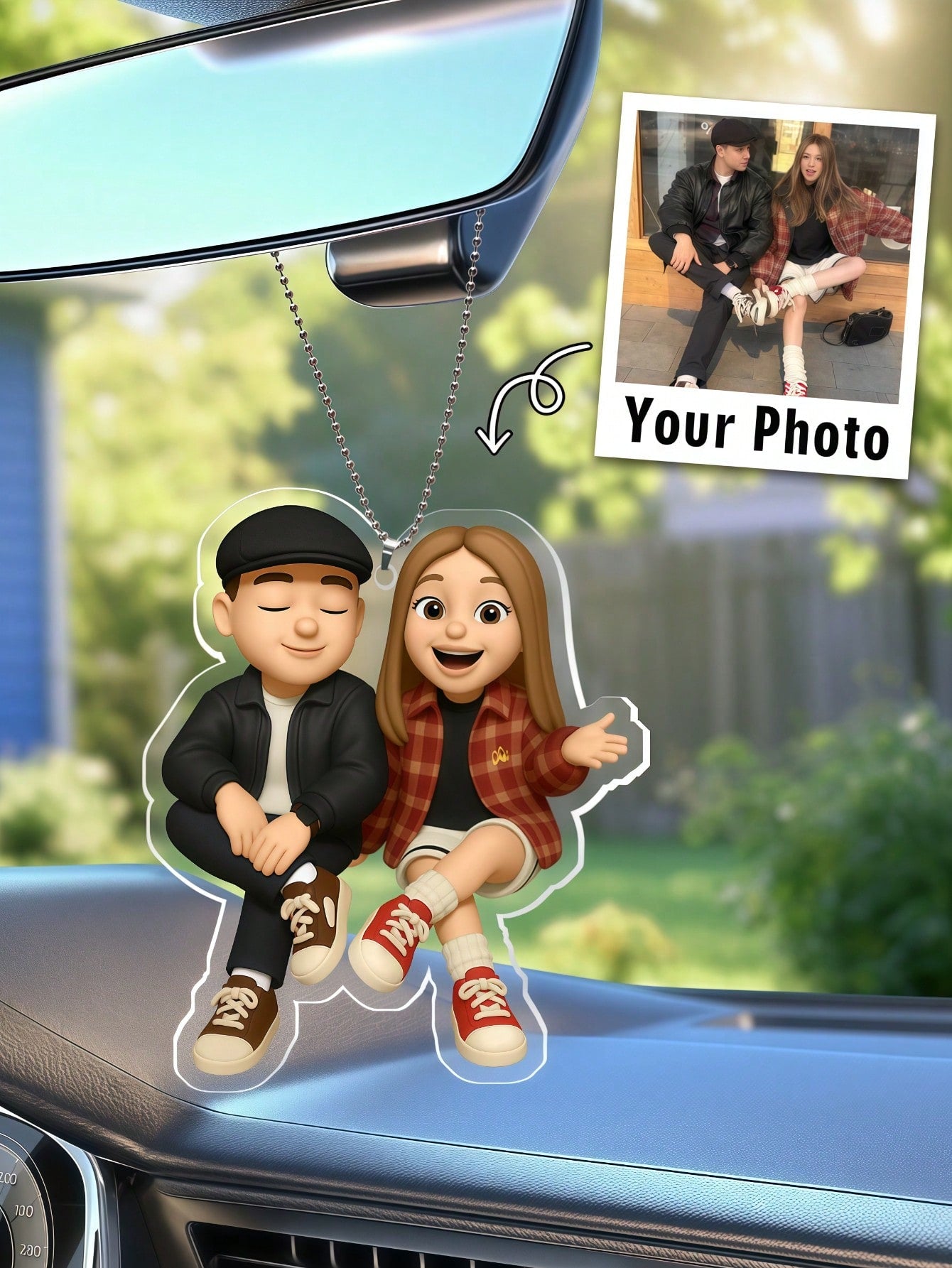 Personalized Cartoon Photo Car Pendant, Customized Transparent Acrylic Car Rearview Mirror Interior Hanging Ornament, Fashionable Cute Minimalist, Christmas Gift, Valentine's Day Gift, DIY Custom Birt