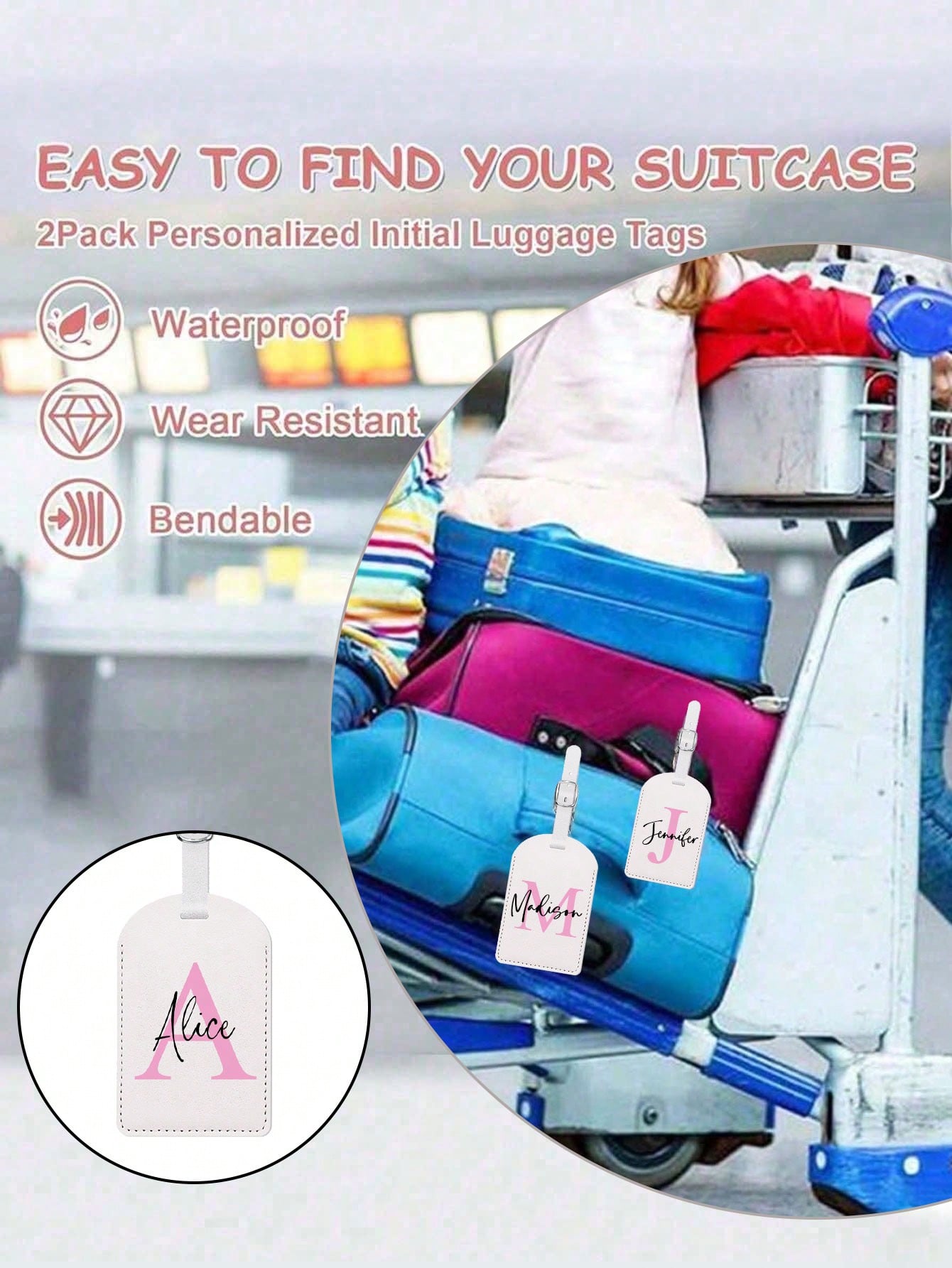 Personalized Luggage Tag With Custom Initials & Name,Stylish Retro Print Suitcase Identifier,Pu Material,With Your Letters (A-Z), With Privacy Cover Name Card, Luggage For Travel,Suitcase Accessory