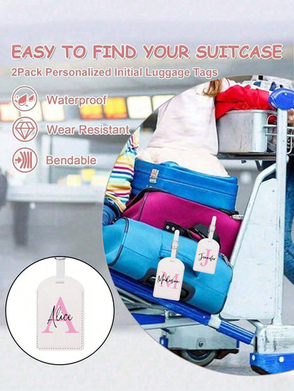 Personalized Luggage Tag With Custom Initials & Name,Stylish Retro Print Suitcase Identifier,Pu Material,With Your Letters (A-Z), With Privacy Cover Name Card, Luggage For Travel,Suitcase Accessory