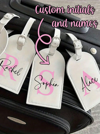 Personalized Luggage Tag With Custom Initials & Name,Stylish Retro Print Suitcase Identifier,Pu Material,With Your Letters (A-Z), With Privacy Cover Name Card, Luggage For Travel,Suitcase Accessory