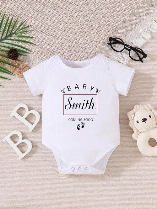 Personalized Name Short Sleeve Bodysuit For Baby Girls, Round Neck, Machine Washable, Letter, Stylish, Modern, Cute, Adorable, Casual, Unique, Ideal Gifts For Her, Baby Shower Gift, For New Moms