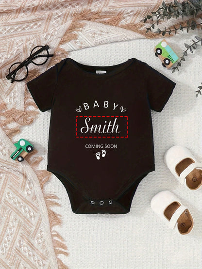Personalized Name Short Sleeve Bodysuit For Baby Girls, Round Neck, Machine Washable, Letter, Stylish, Modern, Cute, Adorable, Casual, Unique, Ideal Gifts For Her, Baby Shower Gift, For New Moms