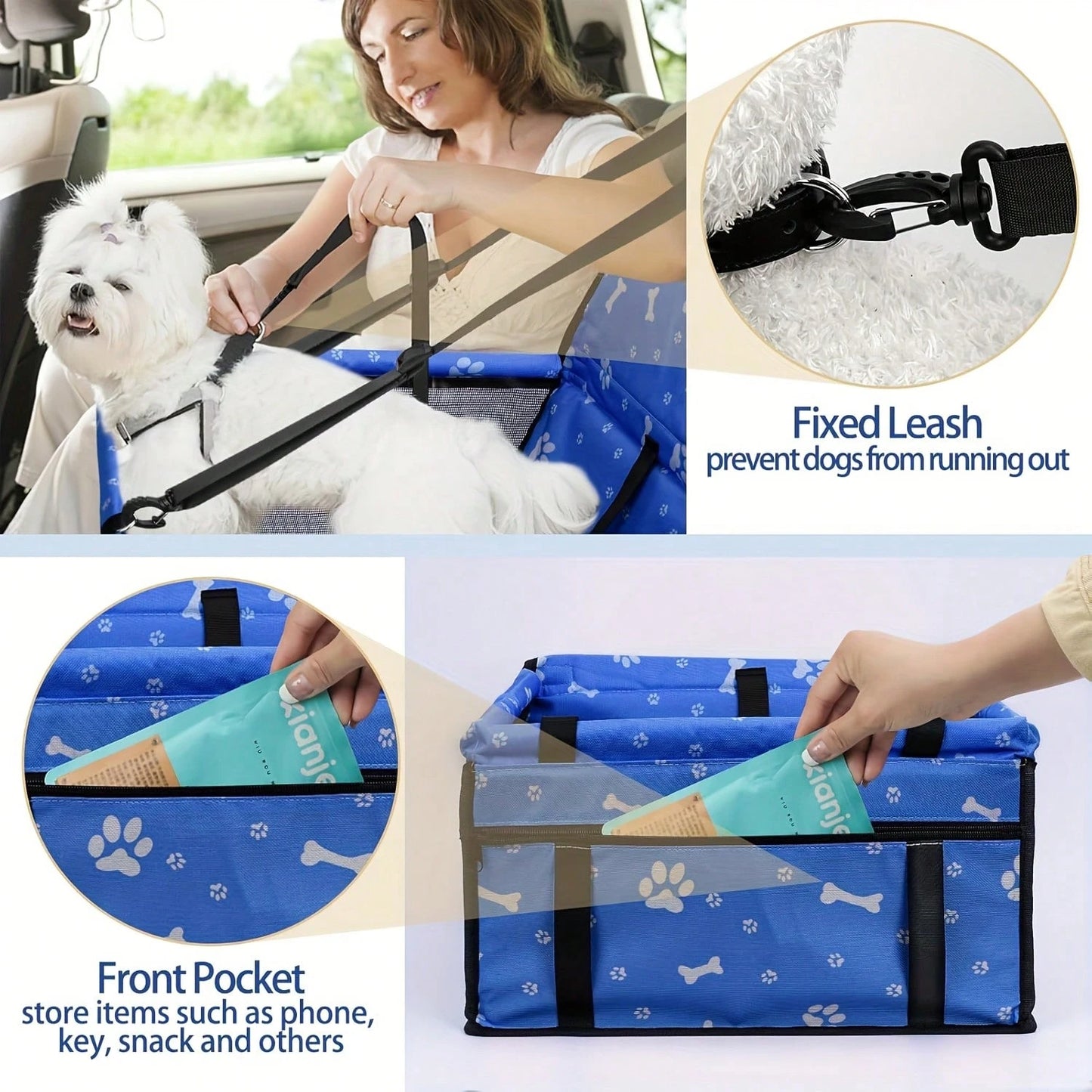 Pet Reinforce Car Booster Seat For Dog Cat Portable And Breathable Bag With Seat Belt Dog Carrier Safety Stable For Travel Look Out,With Clip On Leash With PVC Tube