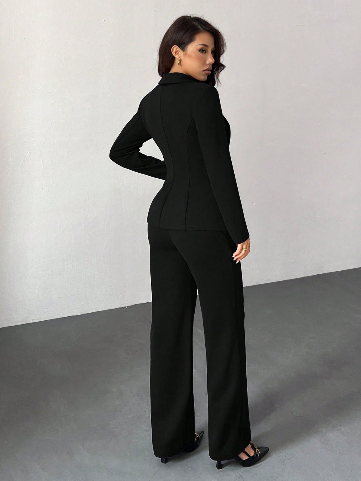 PETITE 3pcs Set: Deep Blue Long Sleeve Blazer, Vest And Pants, Sexy Outfit For Commute And Date, Autumn/Winter,Petite Women