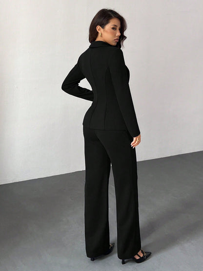PETITE 3pcs Set: Deep Blue Long Sleeve Blazer, Vest And Pants, Sexy Outfit For Commute And Date, Autumn/Winter,Petite Women