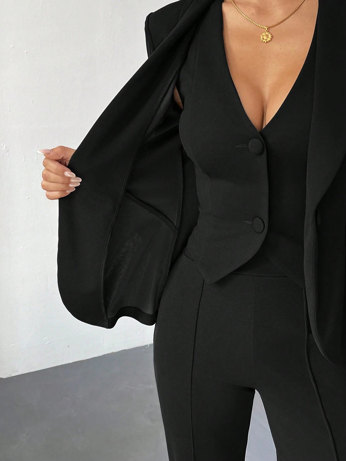 PETITE 3pcs Set: Deep Blue Long Sleeve Blazer, Vest And Pants, Sexy Outfit For Commute And Date, Autumn/Winter,Petite Women