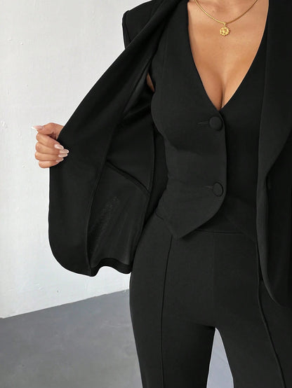 PETITE 3pcs Set: Deep Blue Long Sleeve Blazer, Vest And Pants, Sexy Outfit For Commute And Date, Autumn/Winter,Petite Women