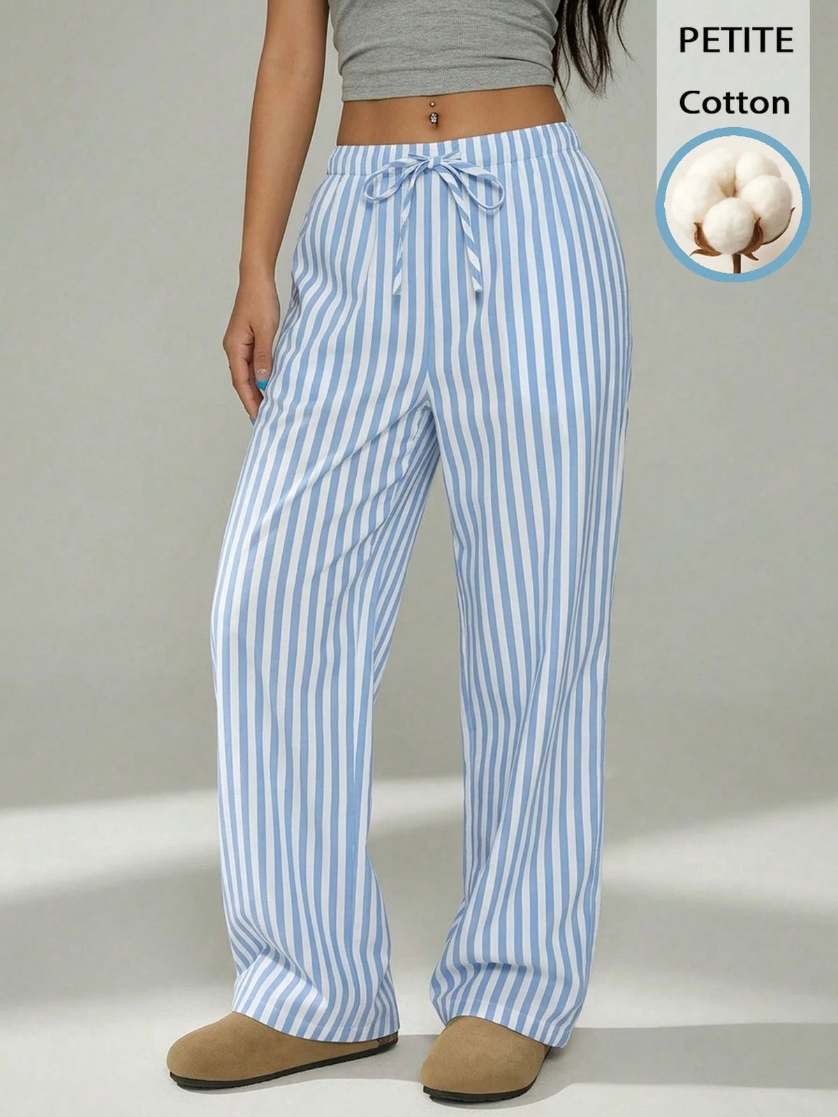 PETITE 52% Cotton Blue & White Striped Pants, Suitable For Petite Women In Spring/Summer
