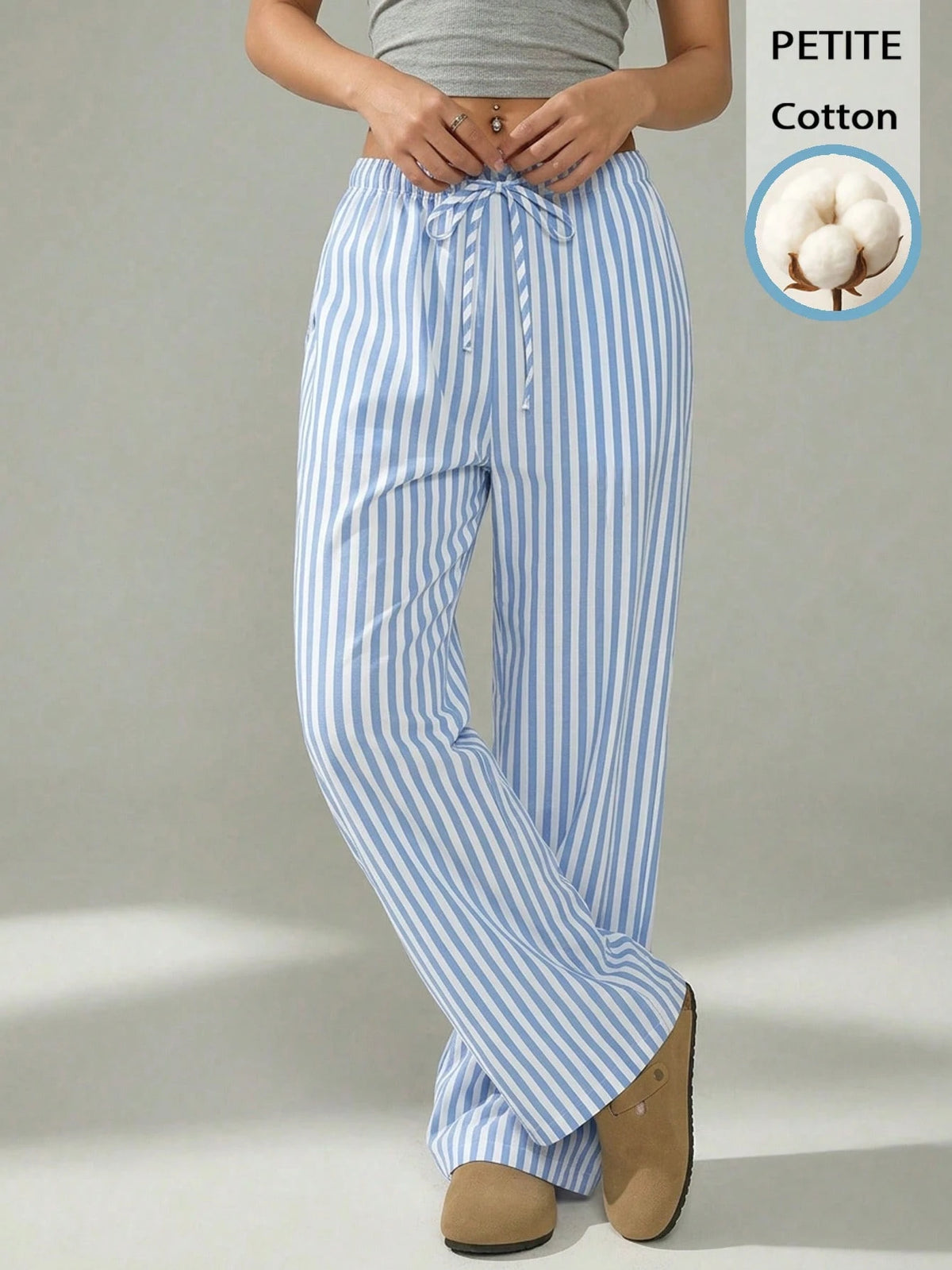 PETITE 52% Cotton Blue & White Striped Pants, Suitable For Petite Women In Spring/Summer